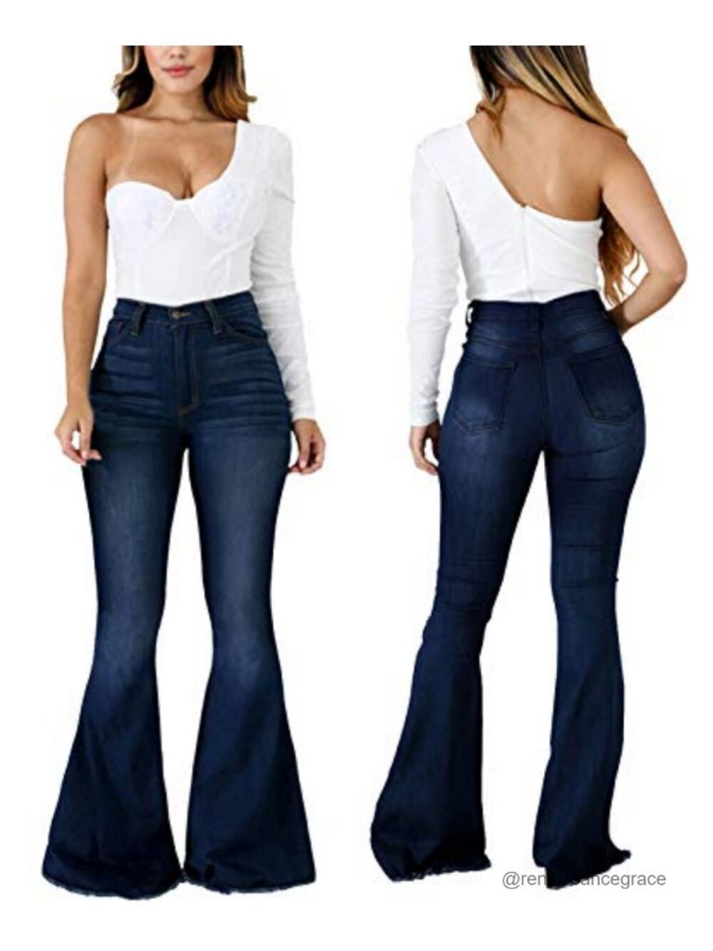 Women's Ripped High Waist Flared Jeans with Raw Hem - Picture 4 of 4